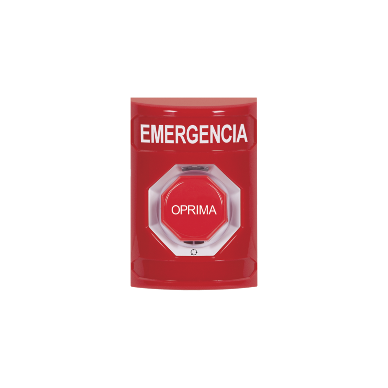 Botón de Emergencia Texto en Español Color Rojo Acción Mante