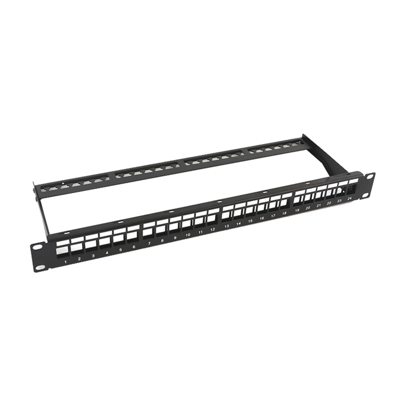 Patch panel modular sin blindaje de 24 puertos, 1U, con barr